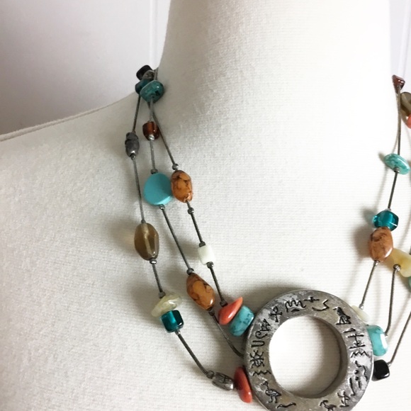 Vintage Chico’s Boho Native Style Necklace Adjustable Silver Turquoise - Picture 4 of 5